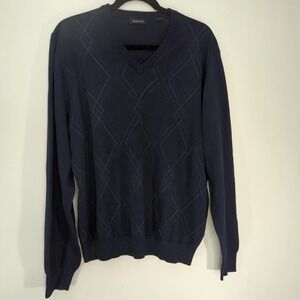 Van Heusen Mens 100% Cotton Knit Pullover Sweater Navy Blue‎ Argyle L